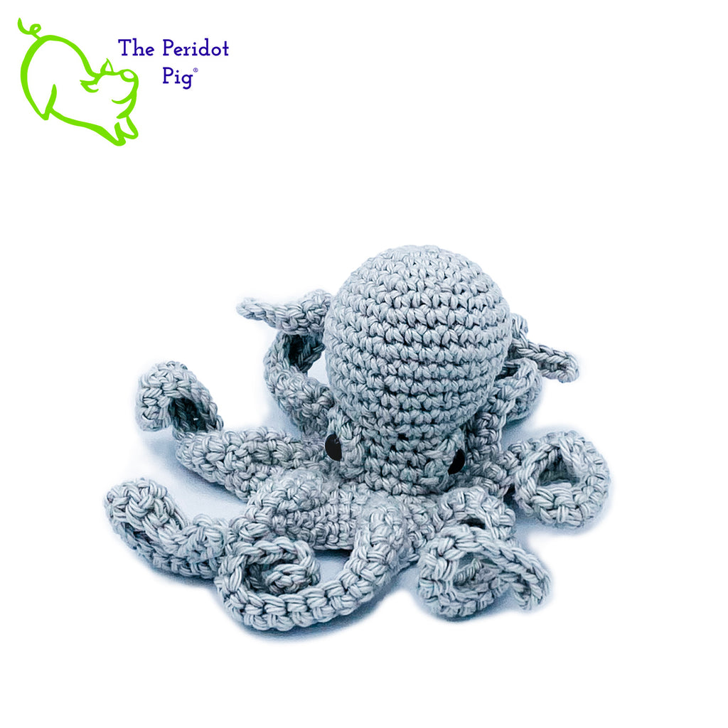 Leggy is made from sturdy cotton and is meant to last a life-time.  The safety eyes are securely attached, but for children under 3 please use with supervision. Front view shown in gray.