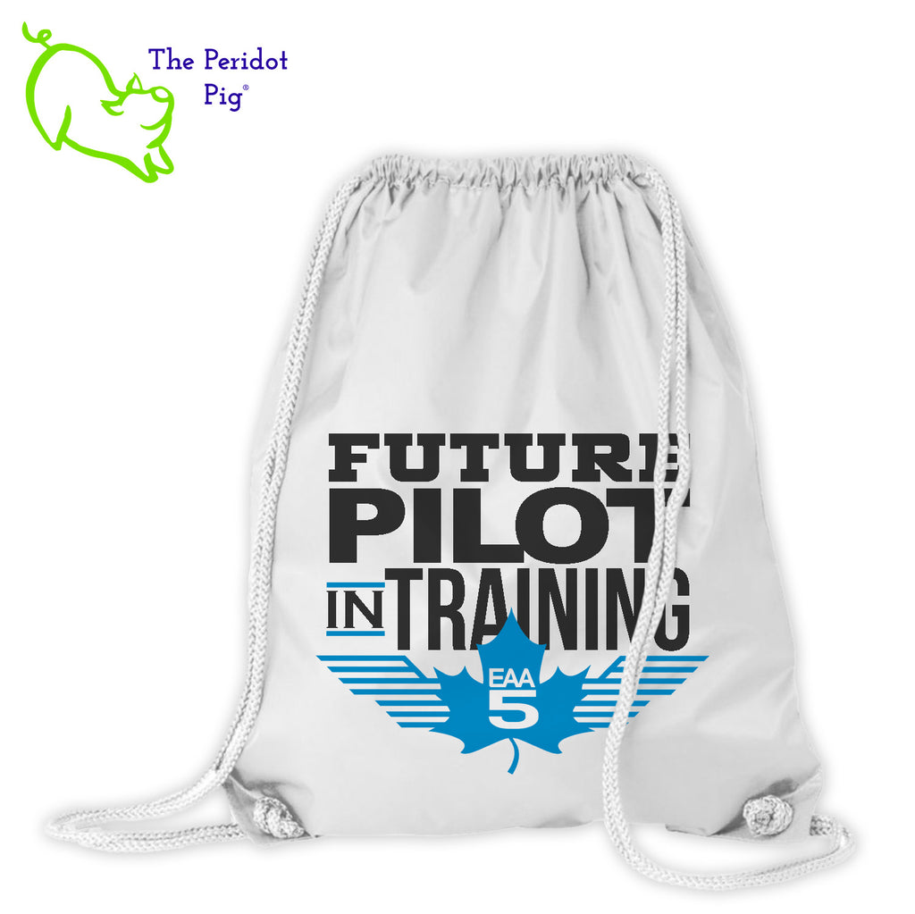 These large cinch totes a great hit with students! We're letting everyone know that there's a future pilot in the house! Printed in permanent ink, these state "Future Pilot in Training" with the EAA Chapter 5 logo in blue. Front view shown.