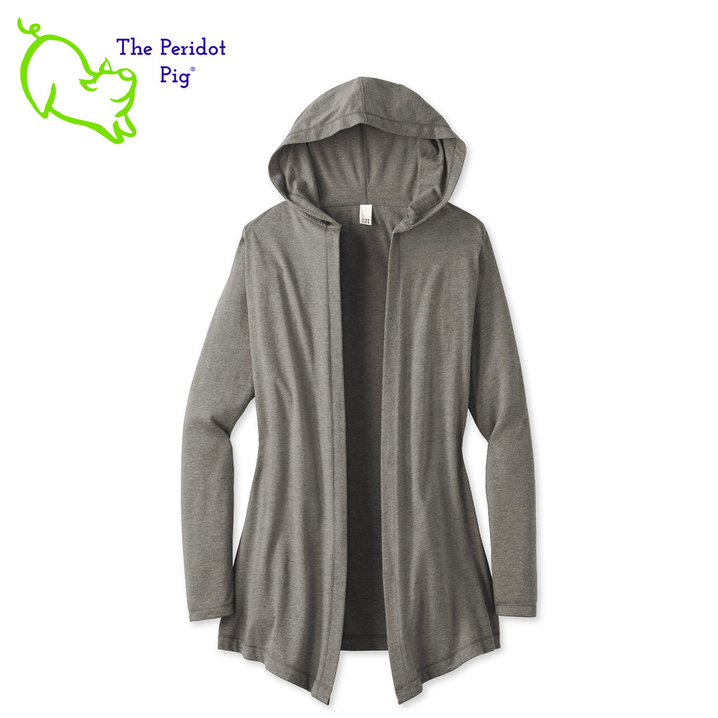 This cardigan is soft and perfect for layering. The PureBliss logo is on the back right shoulder in a matte vinyl. There's a little "love" inside the left sleeve. Front view in Grey Frost