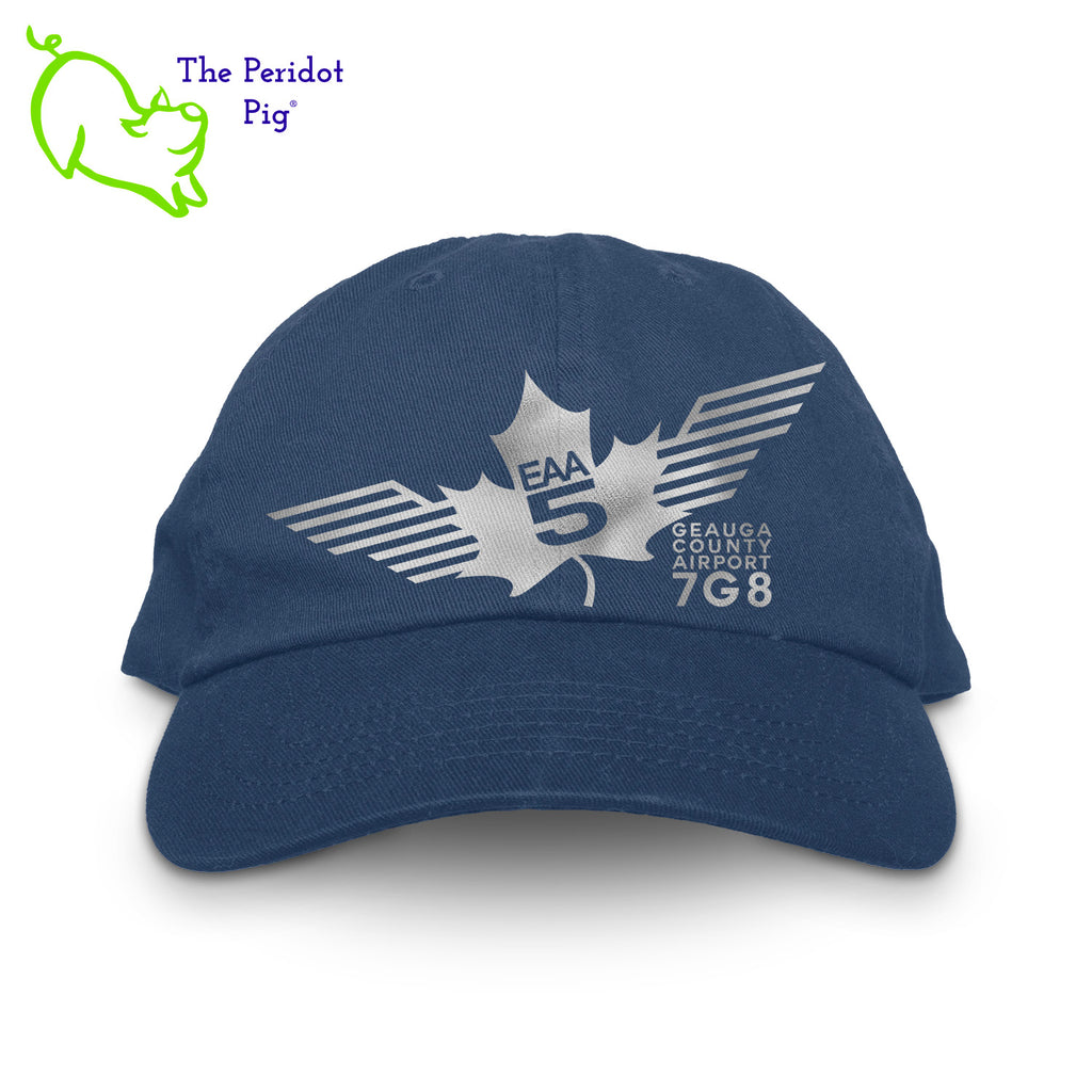 This EAA Chapter 5 Logo Dad Cap offers comfort and style for small-plane pilots. Crafted with 100% soft cotton, it features no top button for maximum comfort and comes in five different colors. Enjoy the perfect fit and look with this cap on your next flight. Front view shown in Navy with silver.