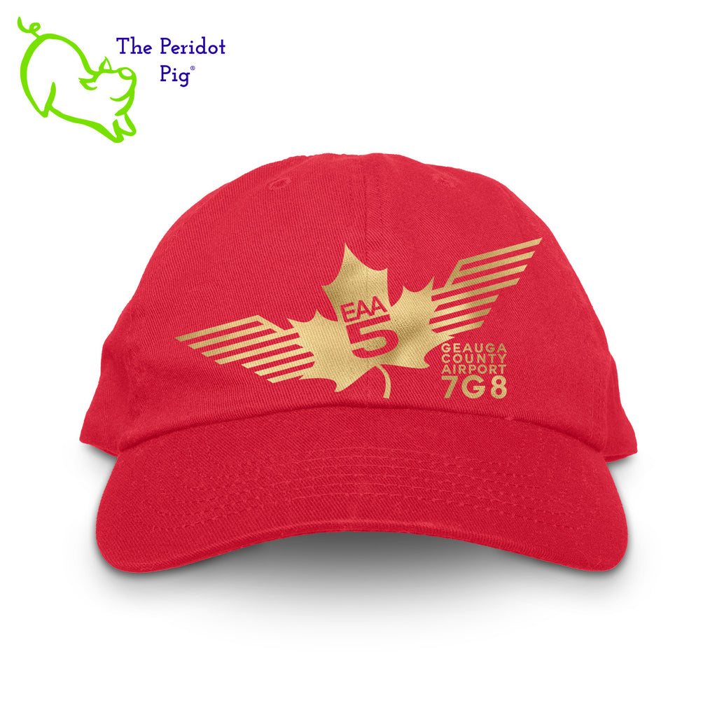 This EAA Chapter 5 Logo Hat offers comfort and style for small plane pilots. Crafted with 100% soft cotton, it features no top button for maximum comfort and comes in five different colors. Enjoy the perfect fit and look with this hat on your next flight. Front view shown in Red with gold.