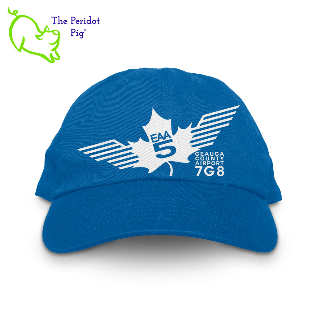 This EAA Chapter 5 Logo Hat offers comfort and style for small plane pilots. Crafted with 100% soft cotton, it features no top button for maximum comfort and comes in five different colors. Enjoy the perfect fit and look with this hat on your next flight. Front view shown in Royal with white.