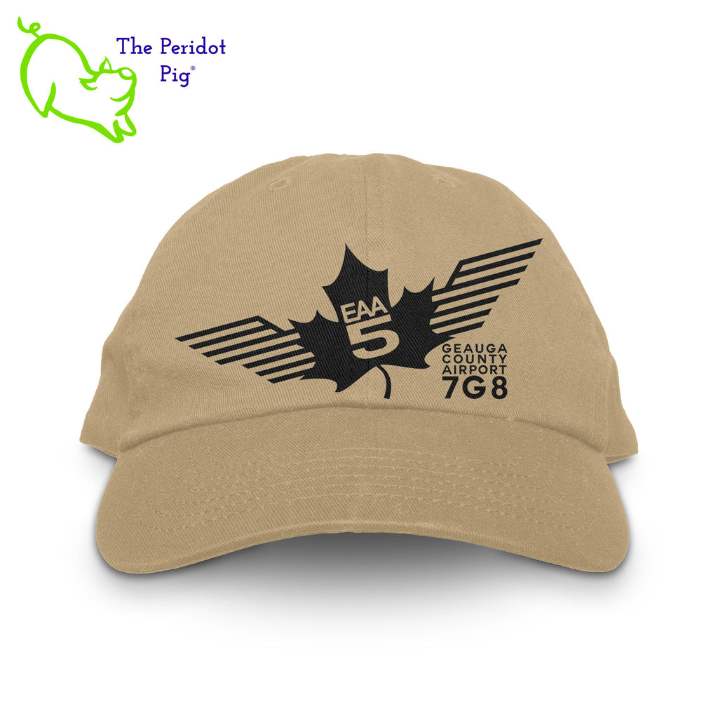 This EAA Chapter 5 Logo Hat offers comfort and style for small plane pilots. Crafted with 100% soft cotton, it features no top button for maximum comfort and comes in five different colors. Enjoy the perfect fit and look with this hat on your next flight. Front view shown in Stone with black.