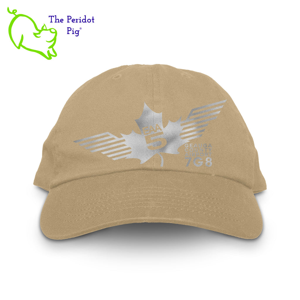 This EAA Chapter 5 Logo Hat offers comfort and style for small plane pilots. Crafted with 100% soft cotton, it features no top button for maximum comfort and comes in five different colors. Enjoy the perfect fit and look with this hat on your next flight. Front view shown in Stone with silver.