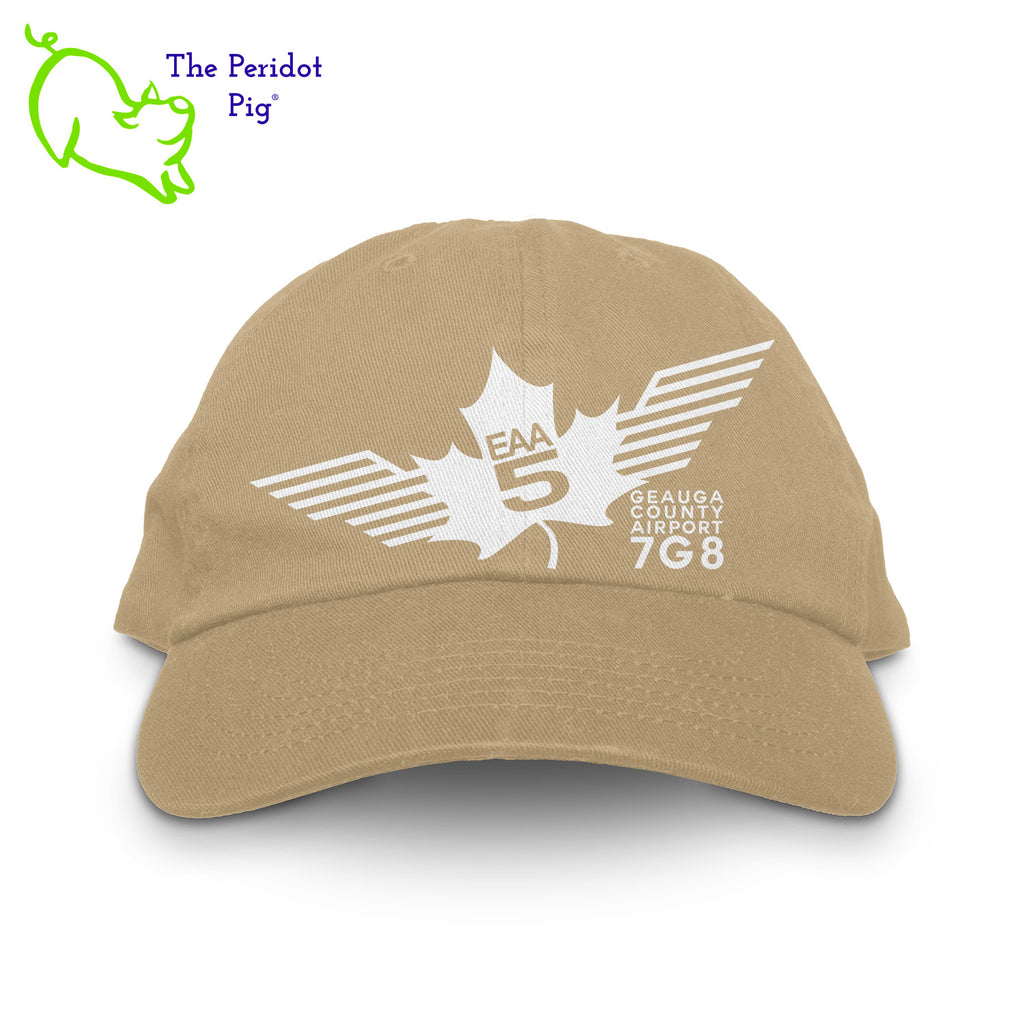 This EAA Chapter 5 Logo Hat offers comfort and style for small plane pilots. Crafted with 100% soft cotton, it features no top button for maximum comfort and comes in five different colors. Enjoy the perfect fit and look with this hat on your next flight. Front view shown in Stone with white.
