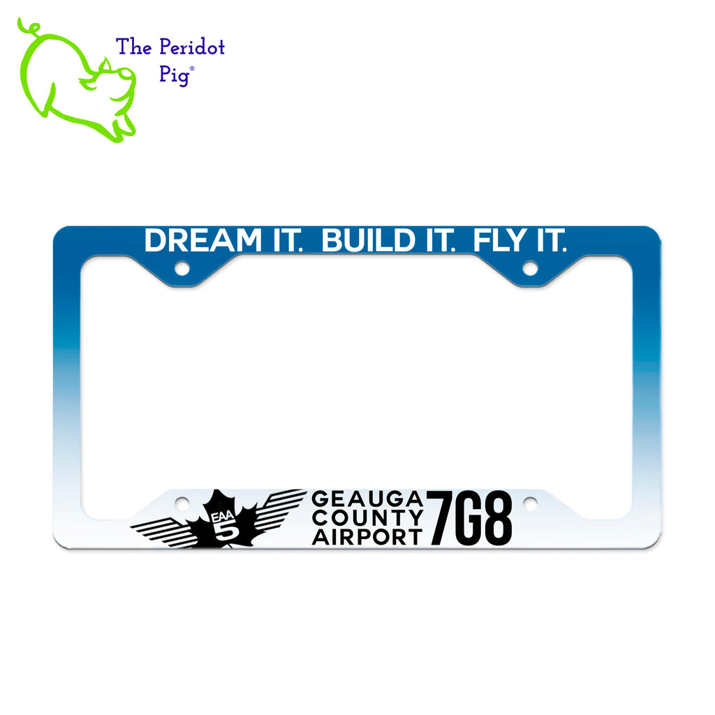 Showcase your support for EAA Chapter 5 with our stylish license plate frame! With a 4.765" articulated viewing area plus cutouts on the corners, this license plate frame is designed to last. High quality aluminum construction offers stability and rust-free durability - plus UV coating over permanent ink ensures it will look great for years to come. Front view Dream It - Blue Gradient shown.
