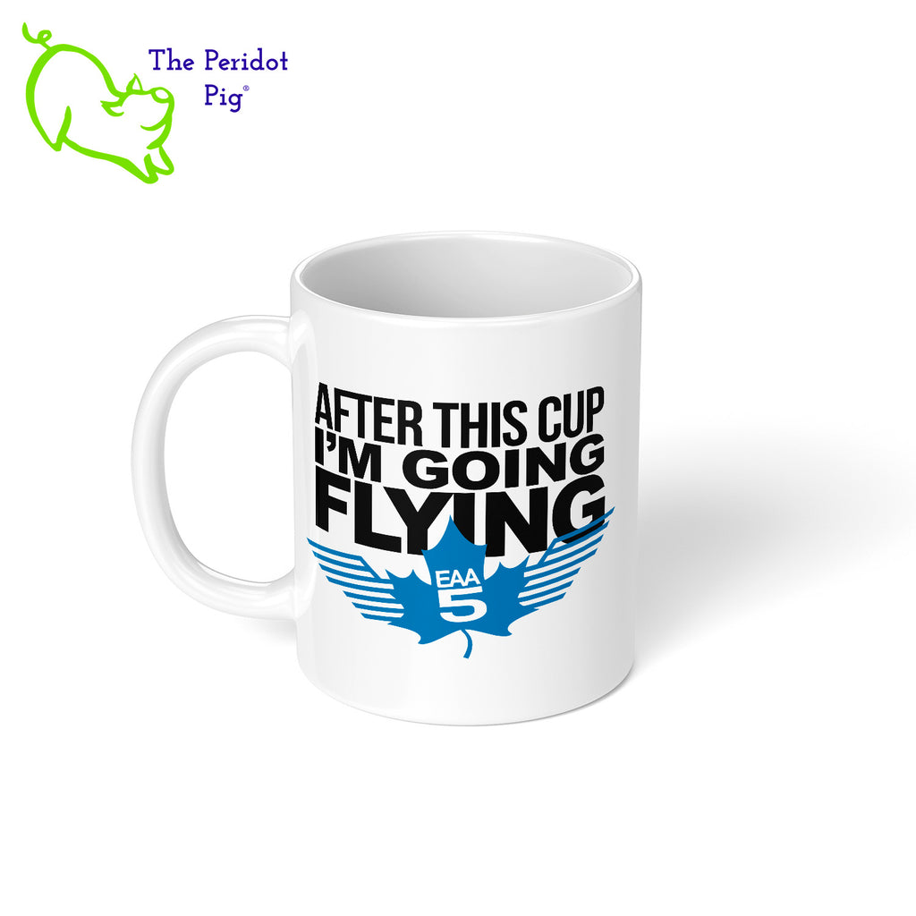 After the caffeine, it's time to fly! This mug features EAA Chapter 5 logo printed in vivid color on a white, glossy ceramic mug. The perfect coffee mug for the EAA Chapter 5 member or fan. Left view shown.