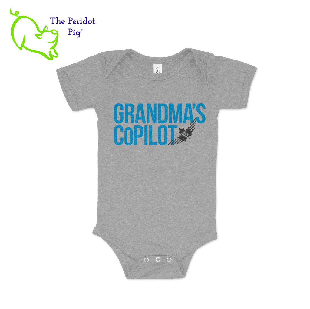 The perfect gift for new parents this Christmas! Adorable and soft, these cute onesies will be a big hit. The front says either, "Grandpa's CoPilot" or "Grandma's CoPilot" in a slightly faded vintage finish with the EAA Chapter 5 logo included. Grandma Grey front view shown.