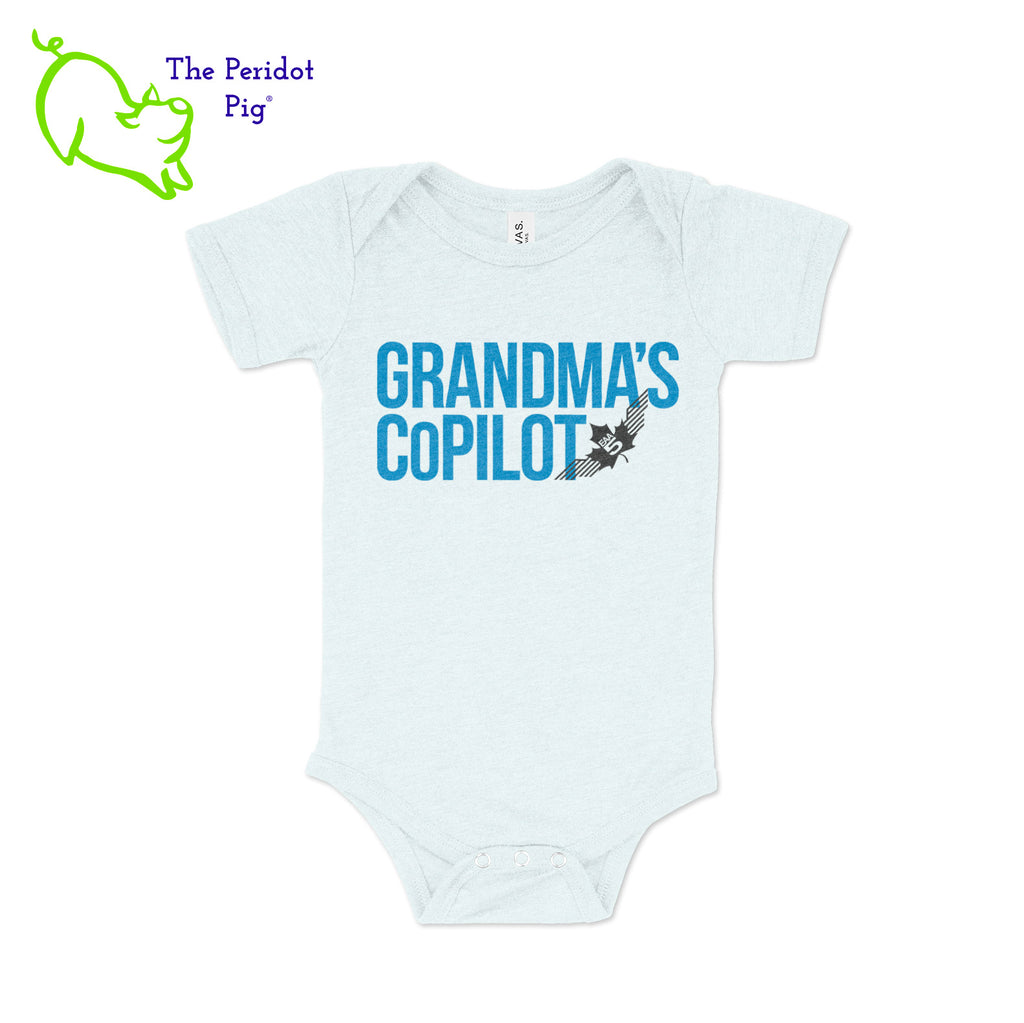 The perfect gift for new parents this Christmas! Adorable and soft, these cute onesies will be a big hit. The front says either, "Grandpa's CoPilot" or "Grandma's CoPilot" in a slightly faded vintage finish with the EAA Chapter 5 logo included. Grandma Ice Blue front view shown.