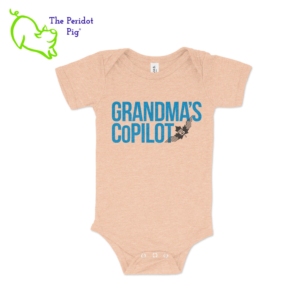 The perfect gift for new parents this Christmas! Adorable and soft, these cute onesies will be a big hit. The front says either, "Grandpa's CoPilot" or "Grandma's CoPilot" in a slightly faded vintage finish with the EAA Chapter 5 logo included. Grandma Peach front view shown.