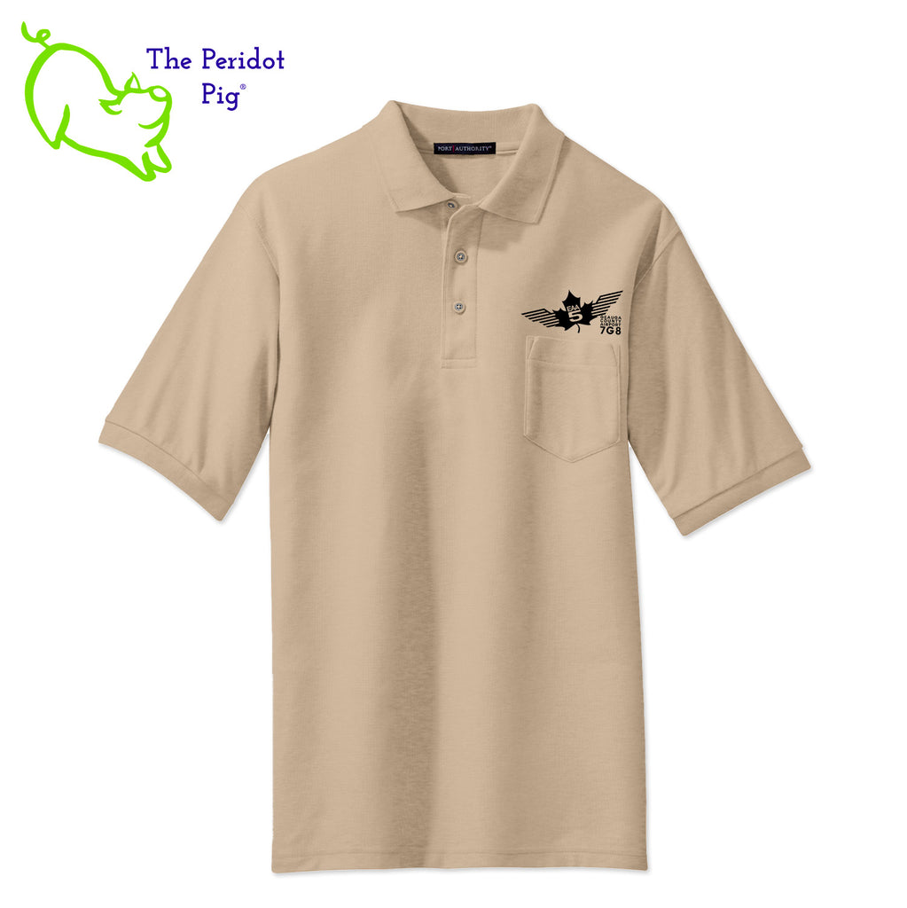 Our popular Silk Touch™ polo—enhanced with a left chest pocket. This one features the EAA Chapter 5 logo above the pocket. Front view shown in Stone-Black.
