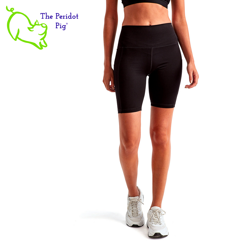 Luxuriate in luxury with the PureBliss Studios Lotus High Rise Legging Short —super comfortable and breathable with two side pockets, an interior pocket, plus the brand logo on the back right leg in a matte vinyl. And who wouldn't love a little "love" on the left pocket? Stretchy yet snug-fitting, enjoy the perfect yoga session! Front view shown.