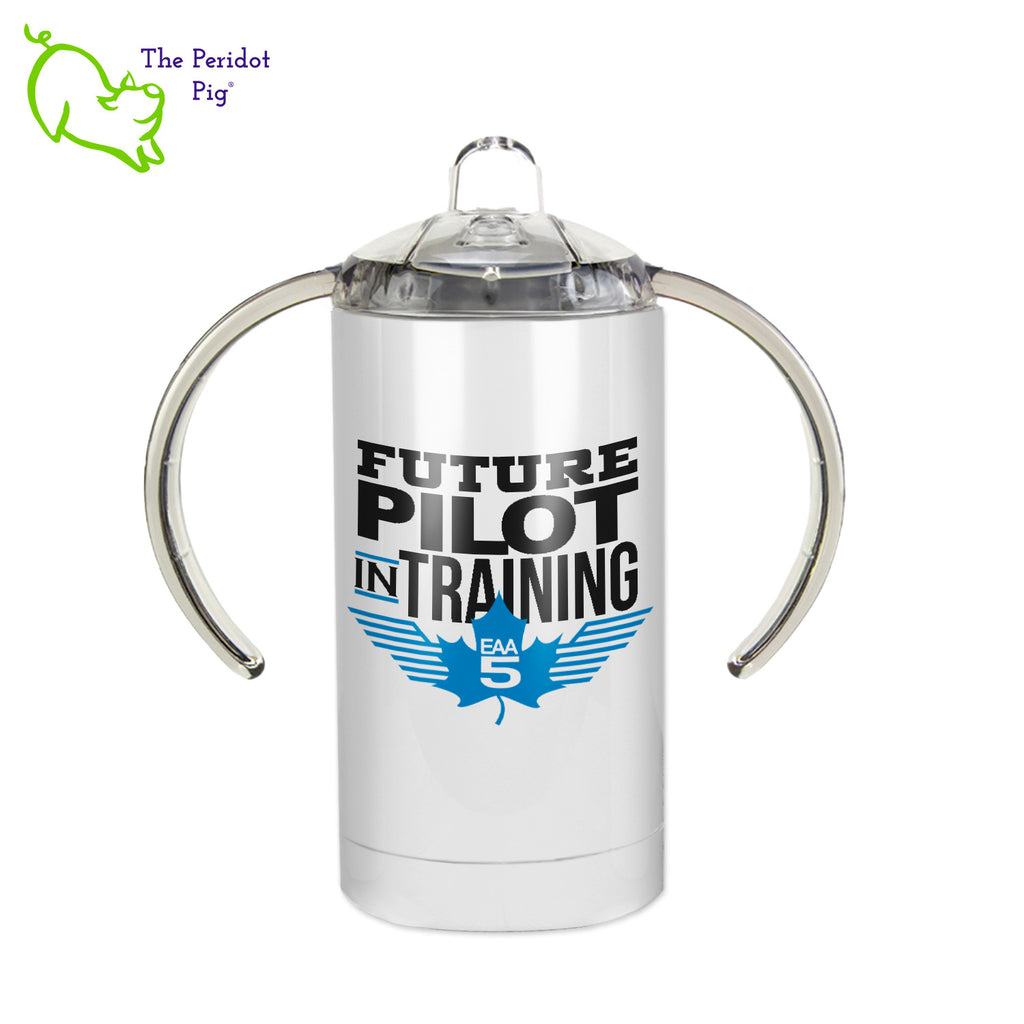 Let everyone know that there's a new pilot in the house! These sippy cups are simple and cute. They say "Future Pilot in Training" and feature the EAA Chapter 5 logo in blue. They are printed on both the front and back. Front view shown.