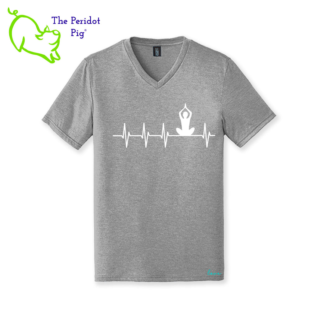 This ultra-smooth T-shirt offers optimal comfort for any yoga session. The front features an image of a prayer position yogi seated on a heartbeat, and 'love' is printed on the lower left side. The back showcases the Pure Bliss Studios logo. Front view shown in grey frost.