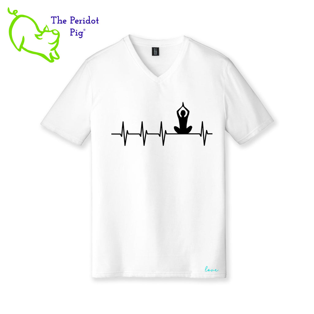 This ultra-smooth T-shirt offers optimal comfort for any yoga session. The front features an image of a prayer position yogi seated on a heartbeat, and 'love' is printed on the lower left side. The back showcases the Pure Bliss Studios logo. Front view shown in white.