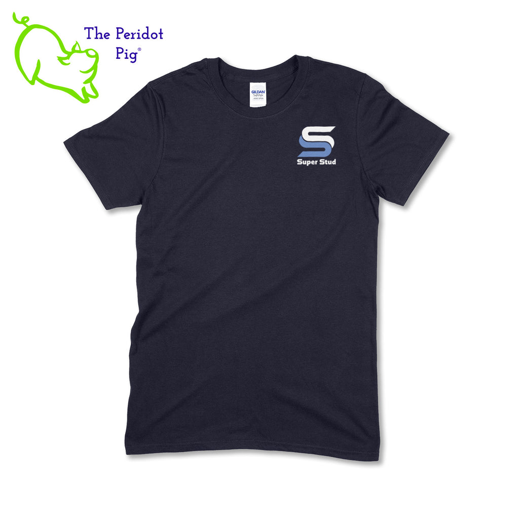 Experience the ultimate in comfort and style with our iconic Super Stud Logo T-Shirt. Made from a breathable, super soft fabric that is industry standard, this shirt is perfect for everyday wear. Featuring our signature logo on the front left, you can proudly show off your love for our brand while feeling like you're wearing a cloud. Don't settle for less, embrace the best with our Super Stud Logo T-Shirt! Front view.