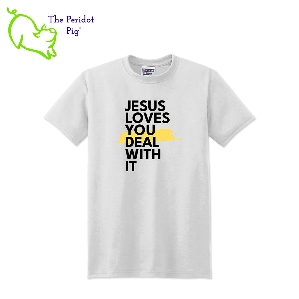 This t-shirt is sure to become your favorite! It's available in two styles. The first is printed with the Park Ridge Presbyterian Church logo on the front and "Jesus loves you get over it" on the back. The second features the bold text on the front only. We've recently changed the shirt for this design to be a slightly thicker, traditional style t-shirt. It's super soft and comfortable to wear! Front view of Option B