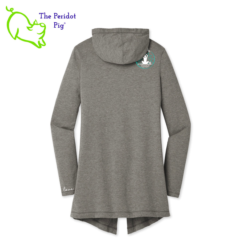 This cardigan is soft and perfect for layering. The PureBliss logo is on the back right shoulder in a matte vinyl. There's a little "love" inside the left sleeve. Back view in Grey Frost