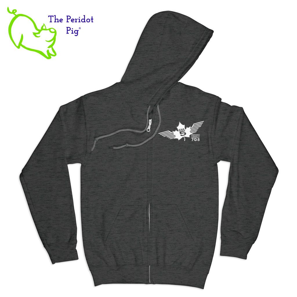 Crafted from a soft and comfortable material, this hoodie features a loose cut and the EAA Chapter 5 logo in your choice of color on the front and back. You can also chose from four different colors for the hoodie. The front has a small logo on the left chest area. The back has the larger version of the logo. Front view shown in Dark Heather Gray with white.