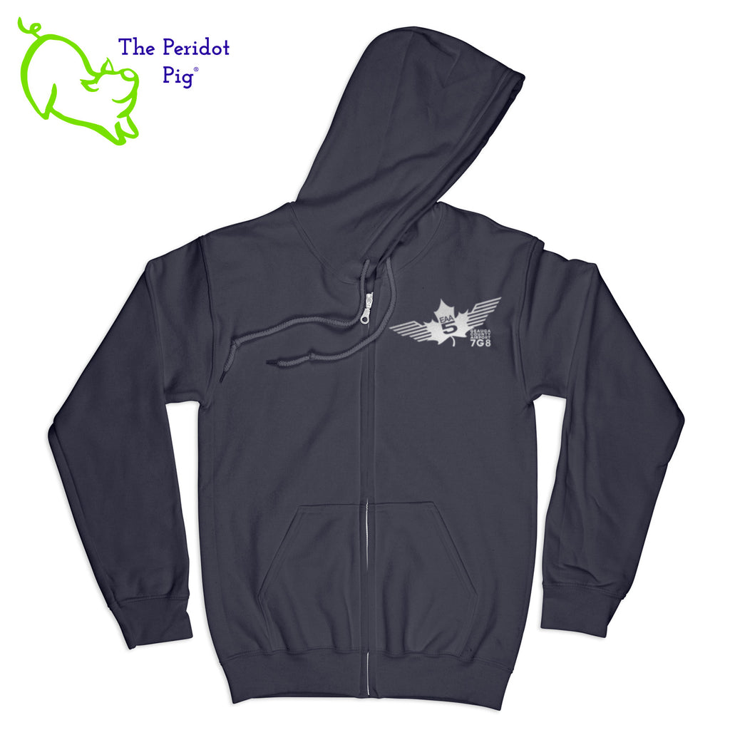Crafted from a soft and comfortable material, this hoodie features a loose cut and the EAA Chapter 5 logo in your choice of color on the front and back. You can also chose from four different colors for the hoodie. The front has a small logo on the left chest area. The back has the larger version of the logo. Front view shown in Navy with silver.