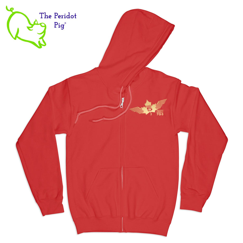 Crafted from a soft and comfortable material, this hoodie features a loose cut and the EAA Chapter 5 logo in your choice of color on the front and back. You can also chose from four different colors for the hoodie. The front has a small logo on the left chest area. The back has the larger version of the logo. Front view shown in Red with gold.