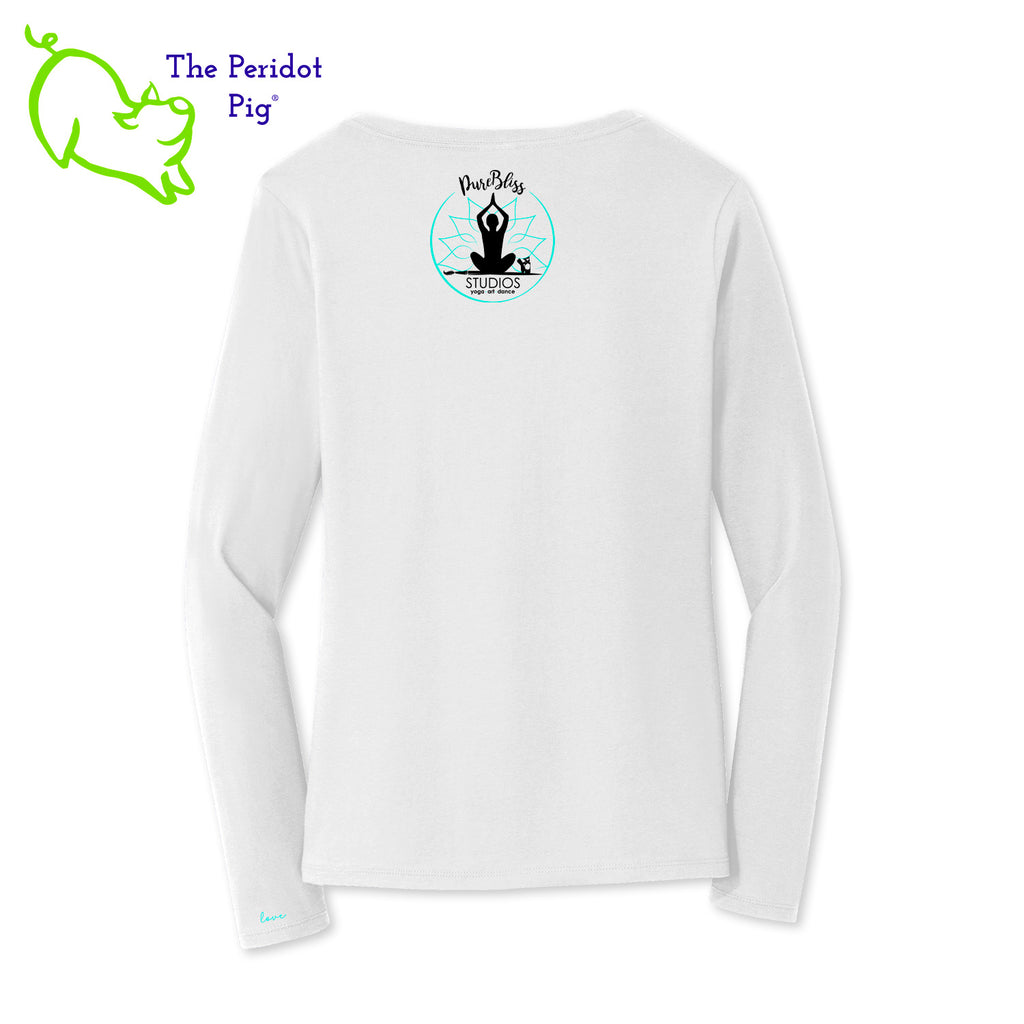 You'll be the biggest fan around of this 100% ring spun cotton tee. The front features an image of a prayer position yogi seated on a heartbeat with a heart, and 'love' is printed on the left sleeve side. The back showcases the Pure Bliss Studios logo. Back view shown in white.