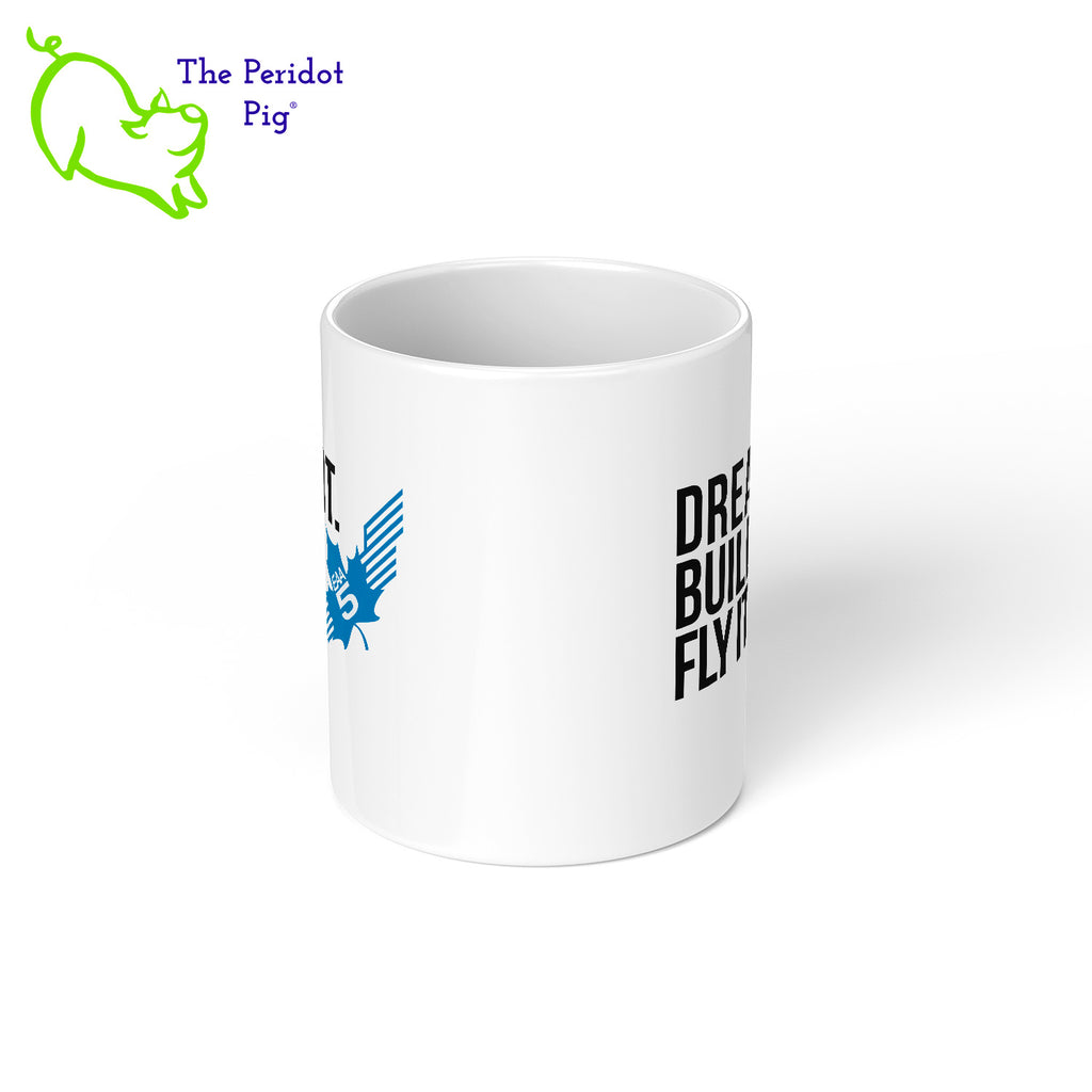After the caffeine, it's time to fly! This mug features EAA Chapter 5 logo printed in vivid color on a white, glossy ceramic mug. It also includes the saying, "Dream It. Build It. Fly It." The perfect coffee mug for the EAA Chapter 5 member or fan. Center view shown.