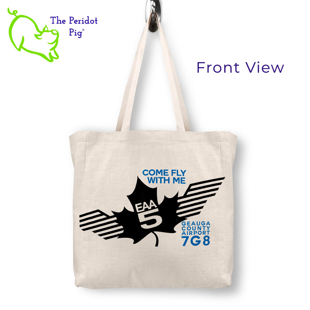 Step out in style with the stylish, spacious EAA Chapter 5 Come Fly With Me Logo Tote-- designed with a sublimated print that won't wear away, and a vivid logo on the front. The back side is left blank for a polished look. Perfect for carrying around everything you need in sturdy, long-lasting fashion. Front view shown.