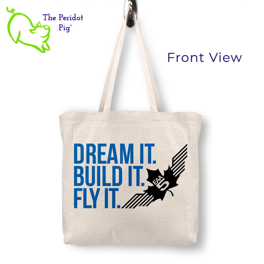 Step out in style with the stylish, spacious EAA Chapter 5 Dream It. Build It. Fly It. Logo Tote-- designed with a sublimated print that won't wear away, and a vivid logo on the front. The back side is left blank for a polished look. Perfect for carrying around everything you need in sturdy, long-lasting fashion. Front view shown.
