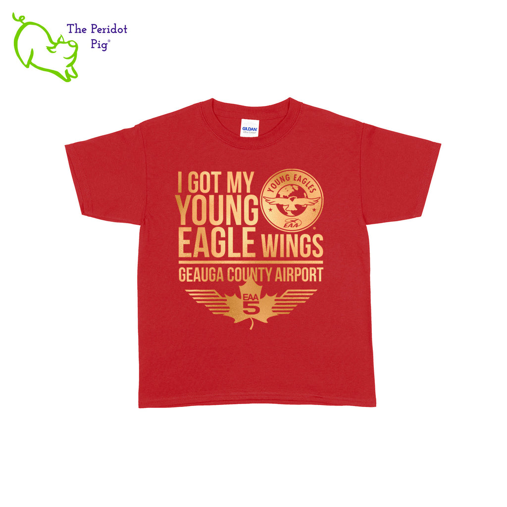 Make your Young Eagles flight a memorable one with this stylish EAA Chapter 5 Young Eagles Youth T-Shirt! Choose from five awesome shirt colors and four logo colors, with the iconic EAA Chapter 5 and Young Eagles logos printed on the front. Front view shown in Red with gold.