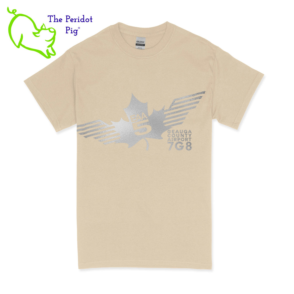 Crafted from a soft and comfortable material, this t-shirt features a loose cut and the EAA Chapter 5 logo in your choice of color on the front. You can also chose from six different colors for the shirt. The back is left blank for a classic, minimalist look. Front view shown in Sand with silver.