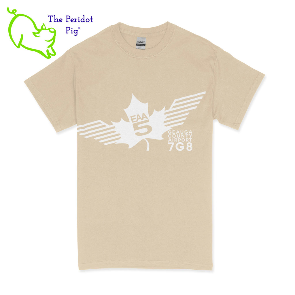 Crafted from a soft and comfortable material, this t-shirt features a loose cut and the EAA Chapter 5 logo in your choice of color on the front. You can also chose from six different colors for the shirt. The back is left blank for a classic, minimalist look. Front view shown in Sand with white.