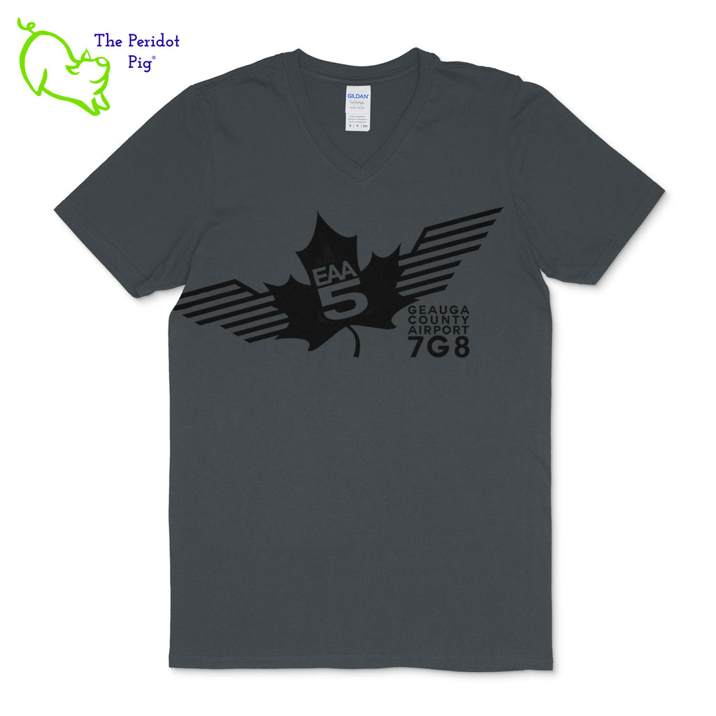 Crafted from a soft and comfortable material, this t-shirt features a loose cut, v-neck collar style and the EAA Chapter 5 logo in your choice of color on the front. You can also chose from three different colors for the shirt. The logo is located on the front and slightly wraps around the side of the shirt. Front view shown in Charcoal with black.