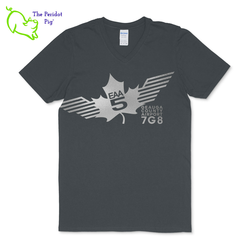 Crafted from a soft and comfortable material, this t-shirt features a loose cut, v-neck collar style and the EAA Chapter 5 logo in your choice of color on the front. You can also chose from three different colors for the shirt. The logo is located on the front and slightly wraps around the side of the shirt. Front view shown in Charcoal with silver.