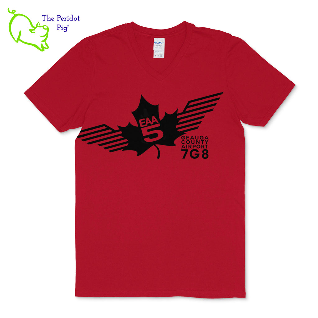 Crafted from a soft and comfortable material, this t-shirt features a loose cut, v-neck collar style and the EAA Chapter 5 logo in your choice of color on the front. You can also chose from three different colors for the shirt. The logo is located on the front and slightly wraps around the side of the shirt. Front view shown in Red with black.