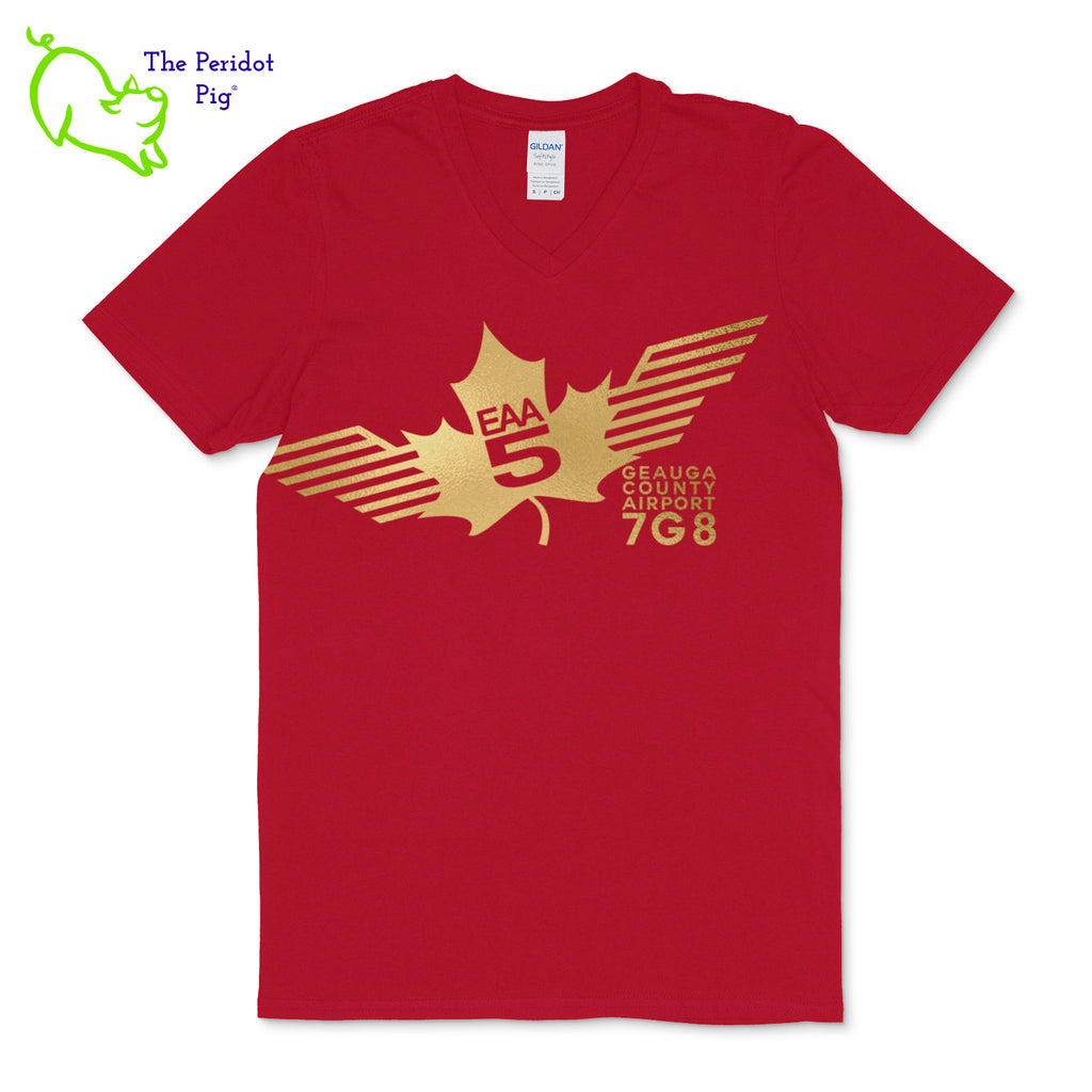 Crafted from a soft and comfortable material, this t-shirt features a loose cut, v-neck collar style and the EAA Chapter 5 logo in your choice of color on the front. You can also chose from three different colors for the shirt. The logo is located on the front and slightly wraps around the side of the shirt. Front view shown in Red with gold.