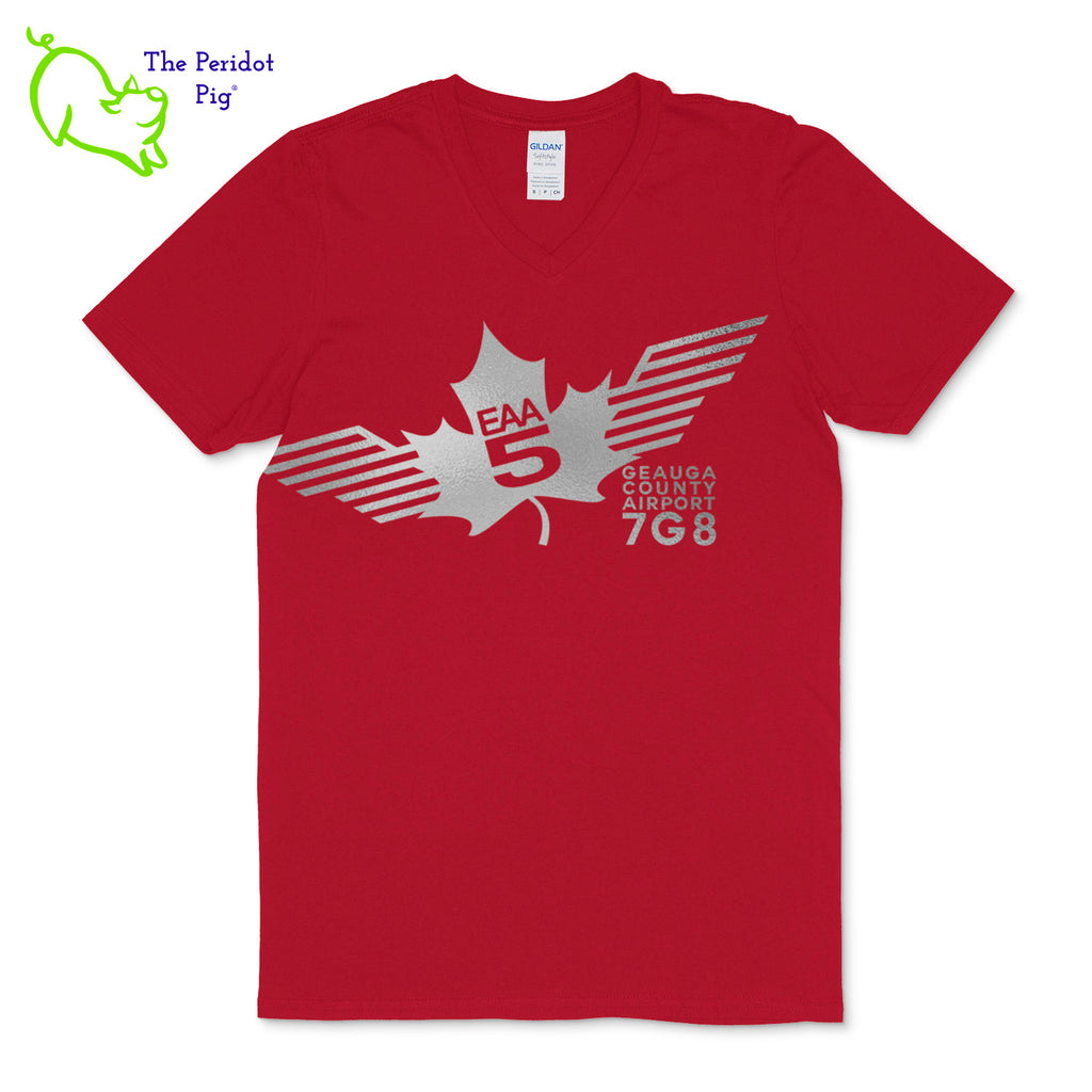 Crafted from a soft and comfortable material, this t-shirt features a loose cut, v-neck collar style and the EAA Chapter 5 logo in your choice of color on the front. You can also chose from three different colors for the shirt. The logo is located on the front and slightly wraps around the side of the shirt. Front view shown in Red with silver.