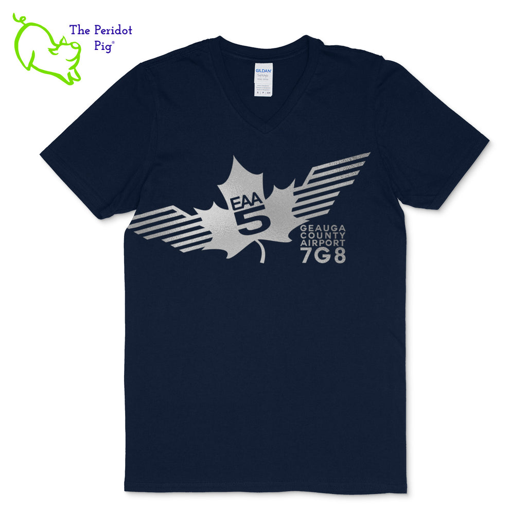 Crafted from a soft and comfortable material, this t-shirt features a loose cut, v-neck collar style and the EAA Chapter 5 logo in your choice of color on the front. You can also chose from three different colors for the shirt. The logo is located on the front and slightly wraps around the side of the shirt. Front view shown in Navy with silver.