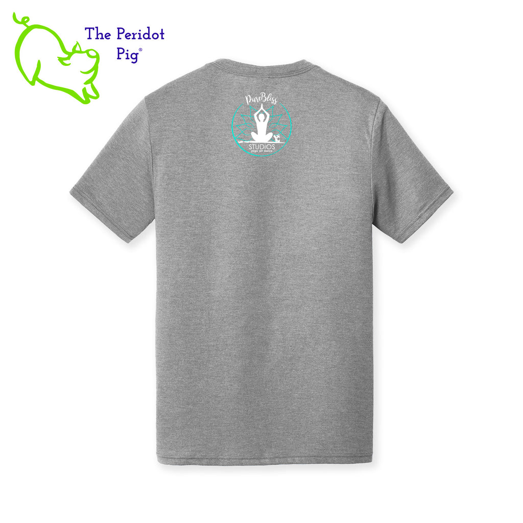 This ultra-smooth T-shirt offers optimal comfort for any yoga session. The front features an image of a prayer position yogi seated on a heartbeat, and 'love' is printed on the lower left side. The back showcases the Pure Bliss Studios logo. Back view shown in grey frost.