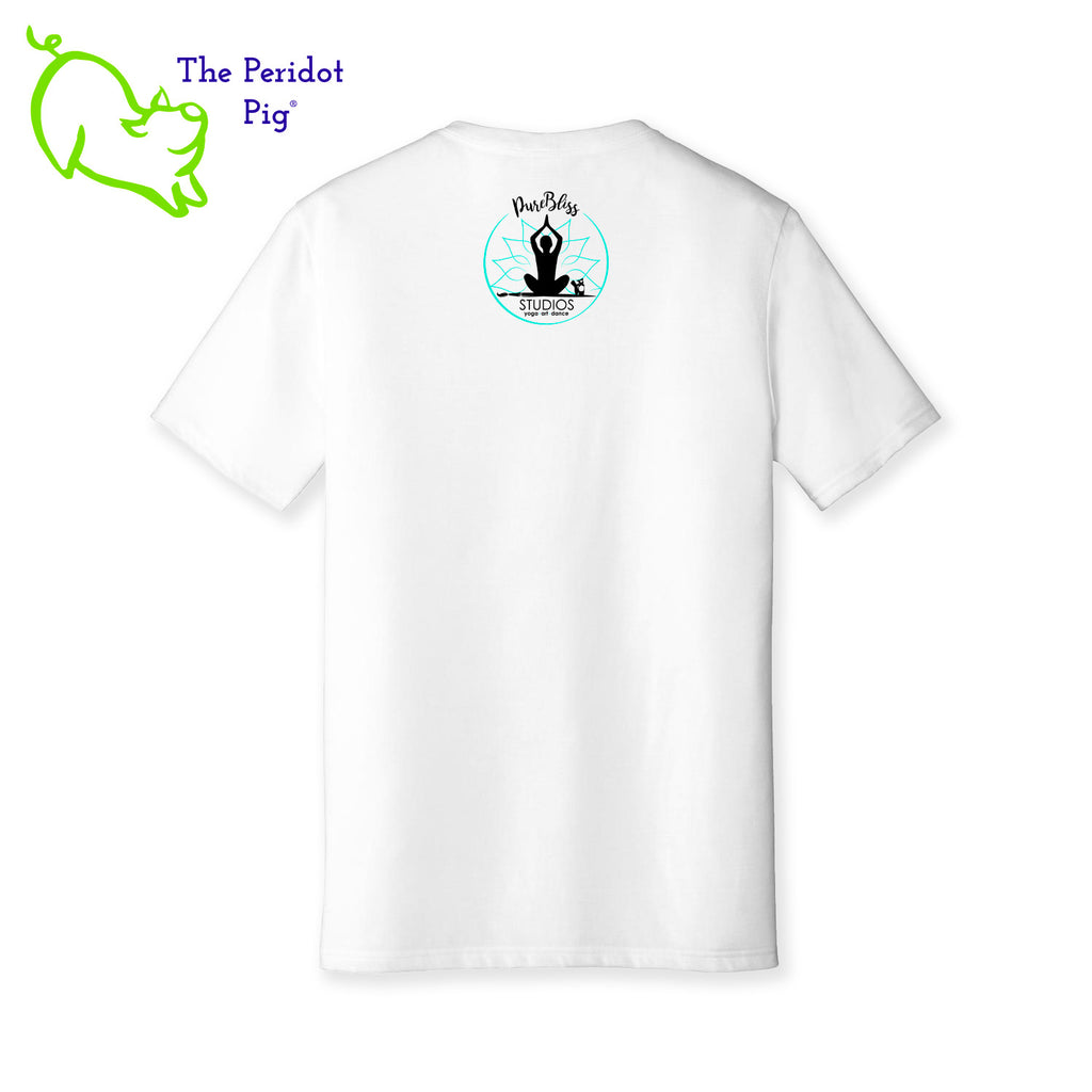 This ultra-smooth T-shirt offers optimal comfort for any yoga session. The front features an image of a prayer position yogi seated on a heartbeat, and 'love' is printed on the lower left side. The back showcases the Pure Bliss Studios logo. Back view shown in white.