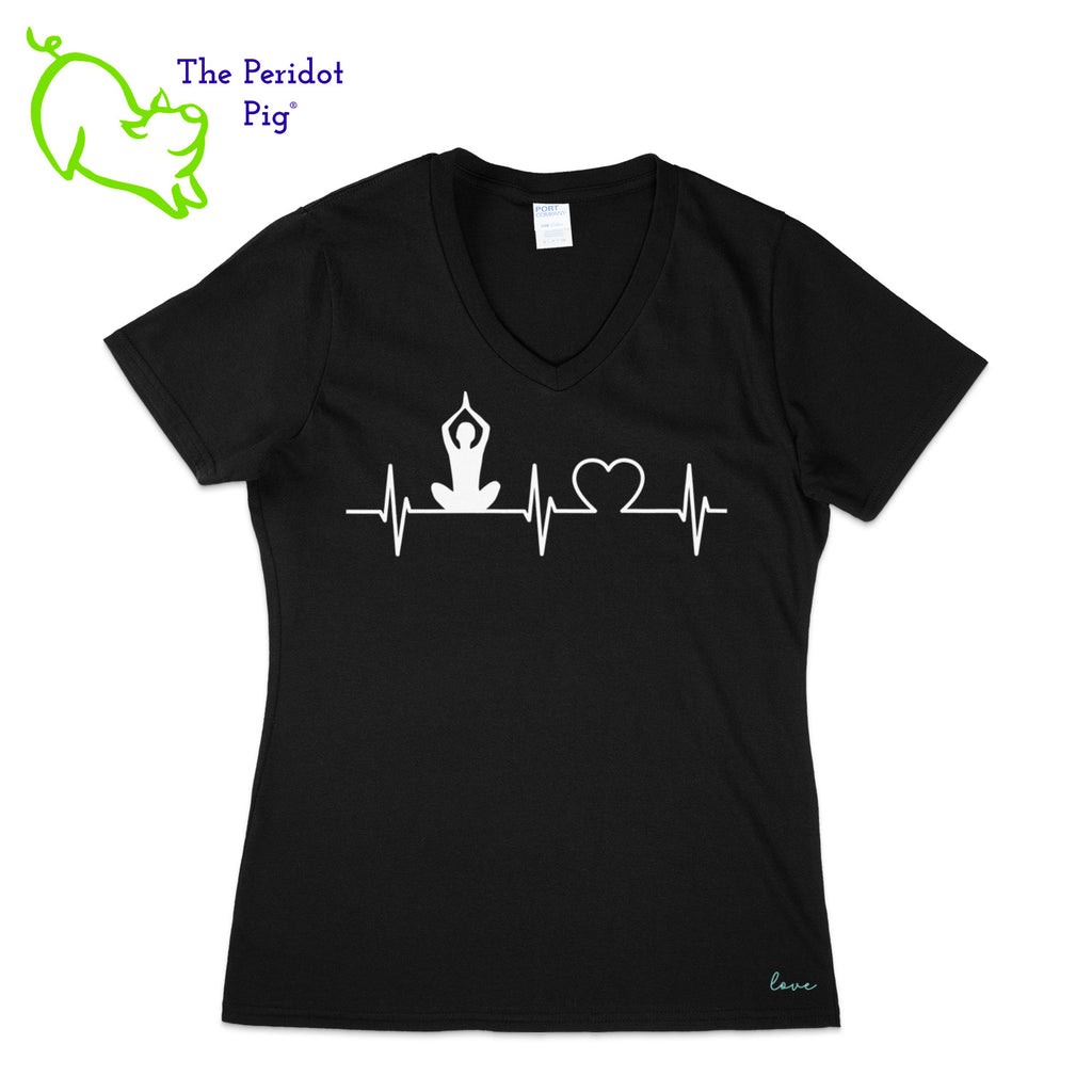 You'll be the biggest fan around of this 100% cotton tee. The front features an image of a prayer position yogi seated on a heartbeat with a heart, and 'love' is printed on the lower left side. The back showcases the Pure Bliss Studios logo. Front view shown in black.