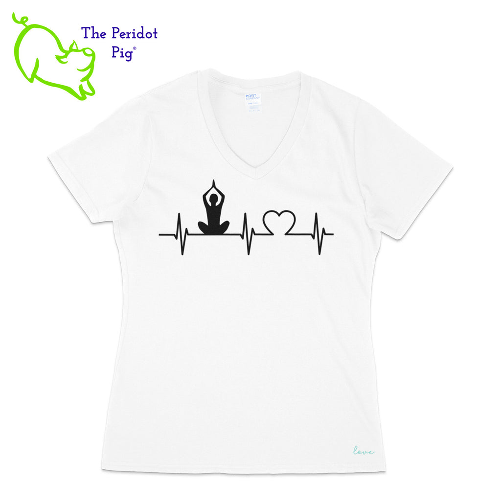 You'll be the biggest fan around of this 100% cotton tee. The front features an image of a prayer position yogi seated on a heartbeat with a heart, and 'love' is printed on the lower left side. The back showcases the Pure Bliss Studios logo. Front view shown in white.