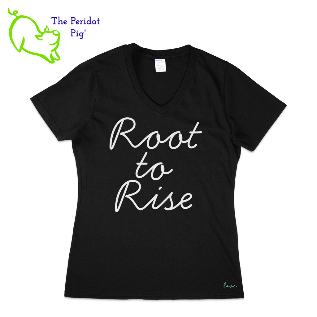 You'll be the biggest fan around of this 100% cotton tee. The front features the saying "Root to Rise", and 'love' is printed on the lower left side. The back showcases the PureBliss Studios logo. Front view shown in black.