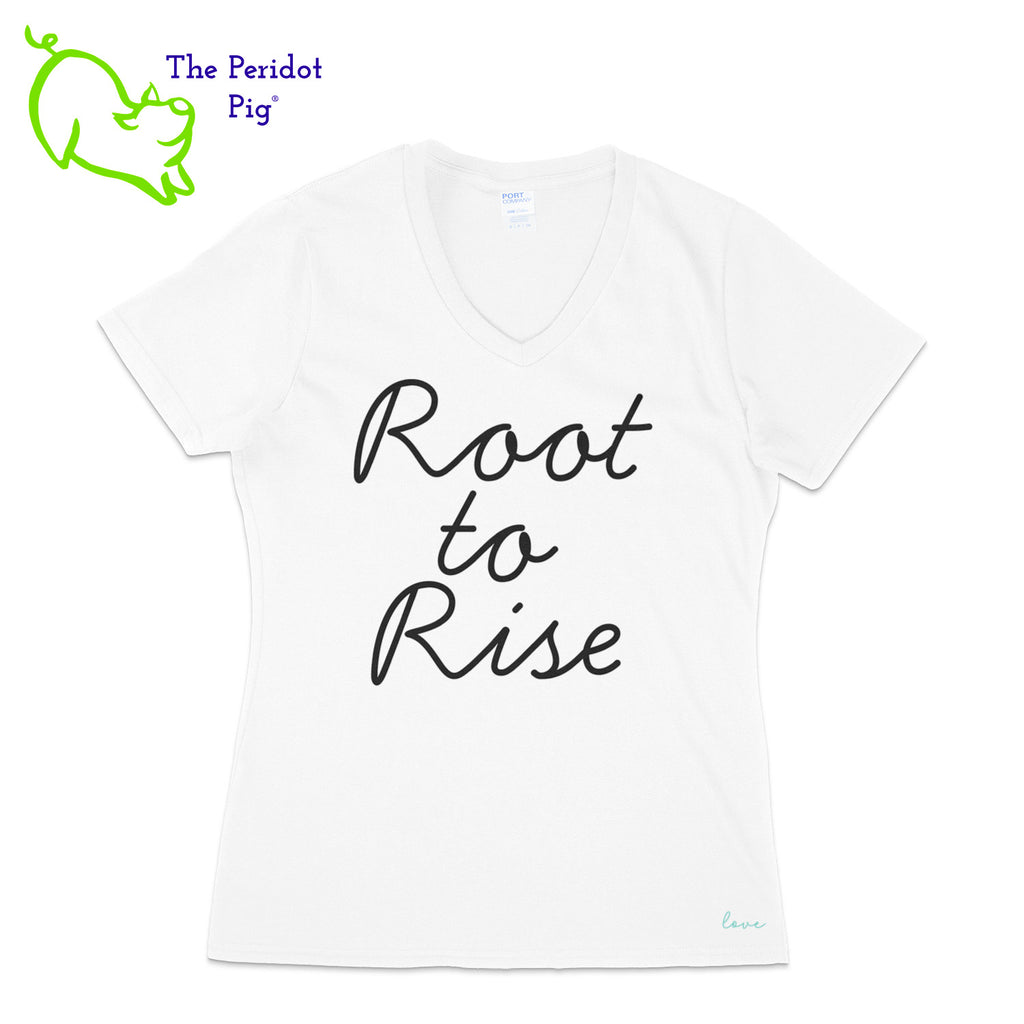 You'll be the biggest fan around of this 100% cotton tee. The front features the saying "Root to Rise", and 'love' is printed on the lower left side. The back showcases the PureBliss Studios logo. Front view shown in white.