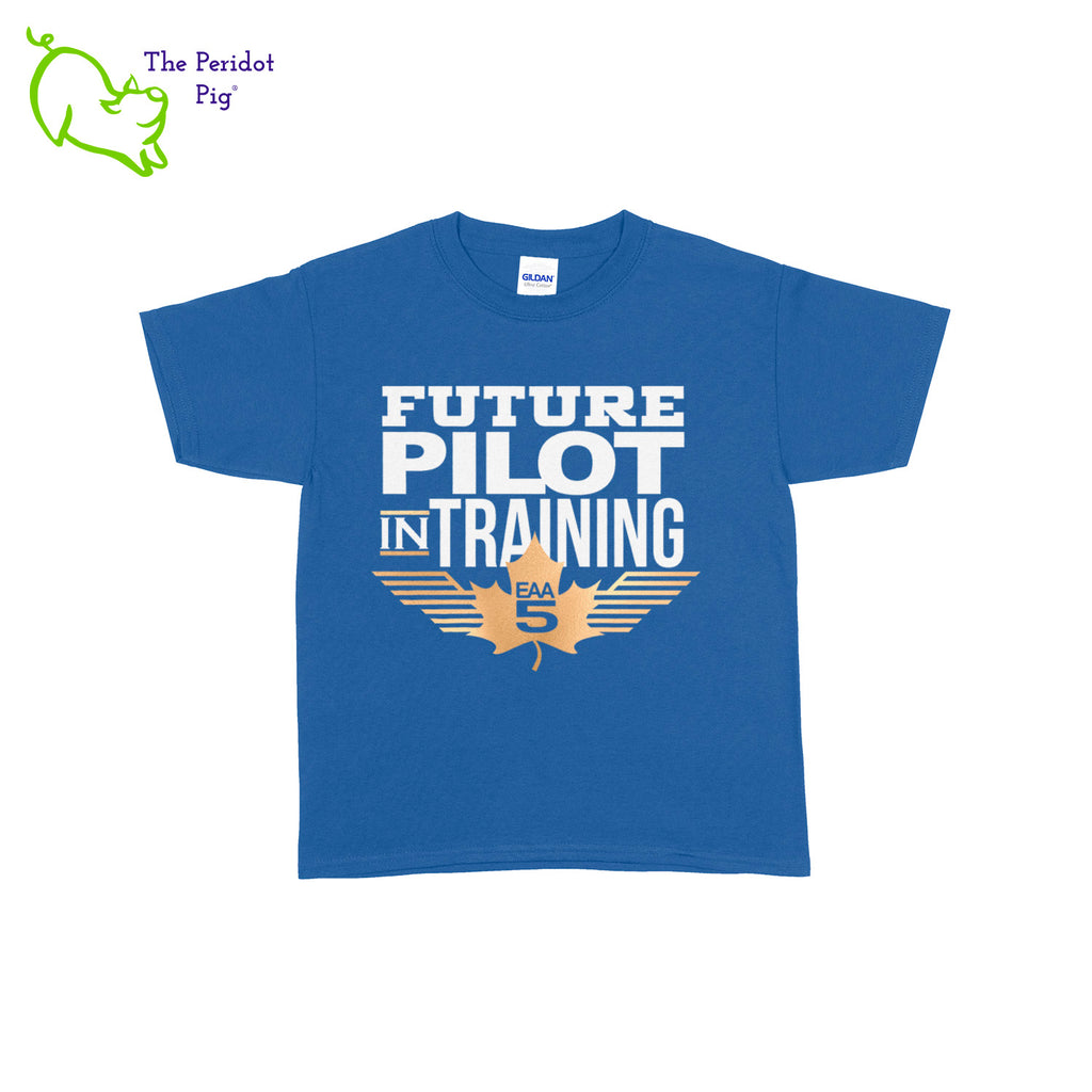 Treat your kid to a too, cool Future Pilot in Training Youth T-Shirt! Choose from two different colors, with the iconic EAA Chapter 5 logo and the text, "Future Pilot in Training" printed on the front. What a cool way to commemorate your first flight! Fly away in fashion! Front view shown in White/Gold.