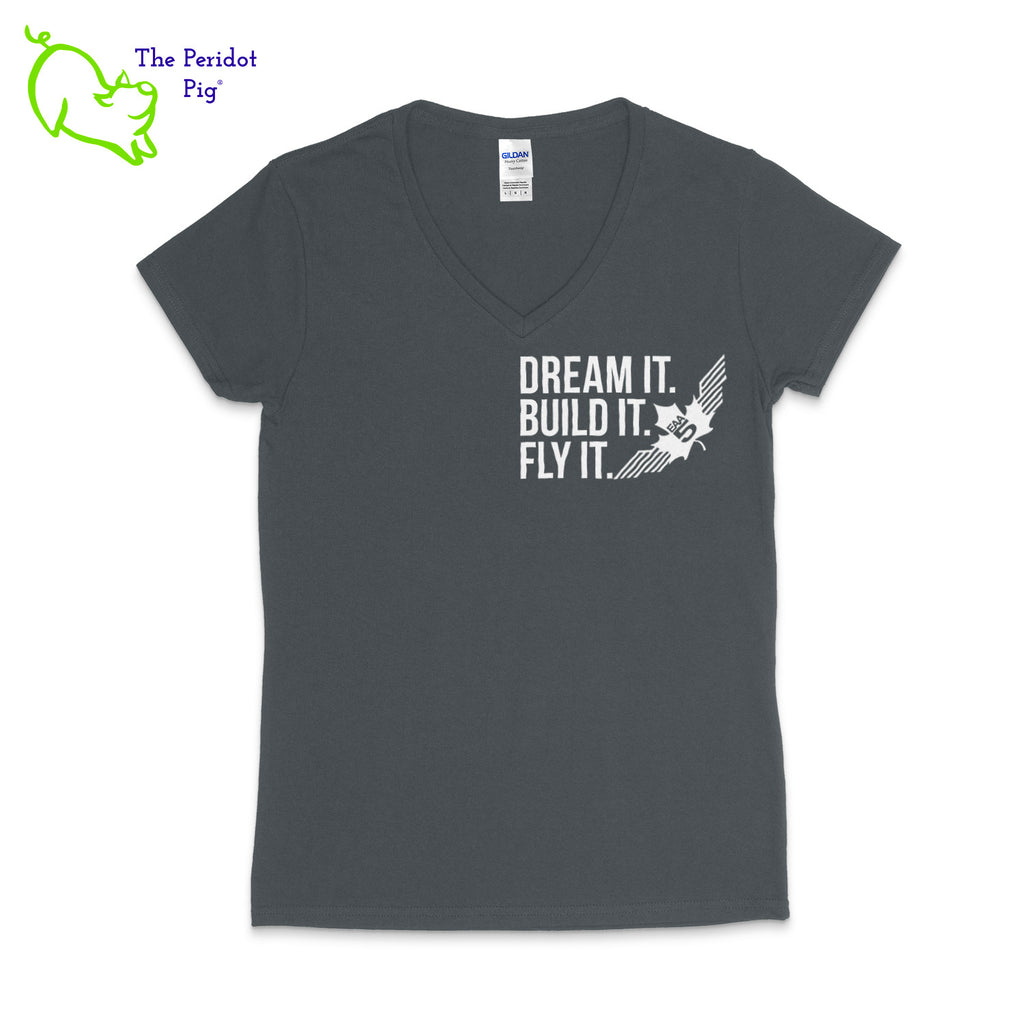 In the true spirit of the EAA Chapter 5, we feature this Dream It t-shirt! Whether you are a member of the Experimental Aircraft Association or just a fan, these shirts are a great add to your wardrobe staples.  Crafted from a soft and comfortable material, this t-shirt features a slimmer cut, v-neck collar style. The text reads, "Dream It. Build It. Fly It." and the EAA Chapter 5 logo in white. You can chose from four different colors for the shirt. Front view in Charcoal shown.