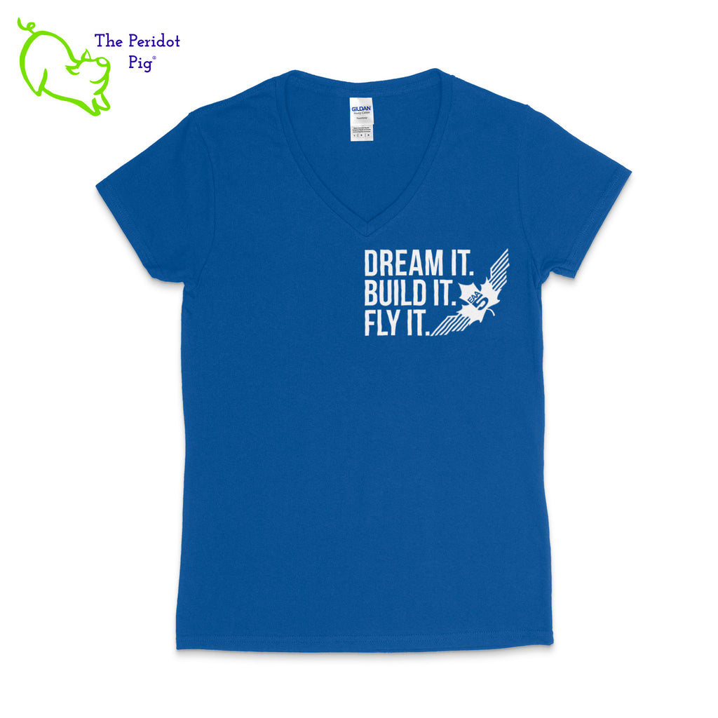 In the true spirit of the EAA Chapter 5, we feature this Dream It t-shirt! Whether you are a member of the Experimental Aircraft Association or just a fan, these shirts are a great add to your wardrobe staples.  Crafted from a soft and comfortable material, this t-shirt features a slimmer cut, v-neck collar style. The text reads, "Dream It. Build It. Fly It." and the EAA Chapter 5 logo in white. You can chose from four different colors for the shirt. Front view in Royal shown.