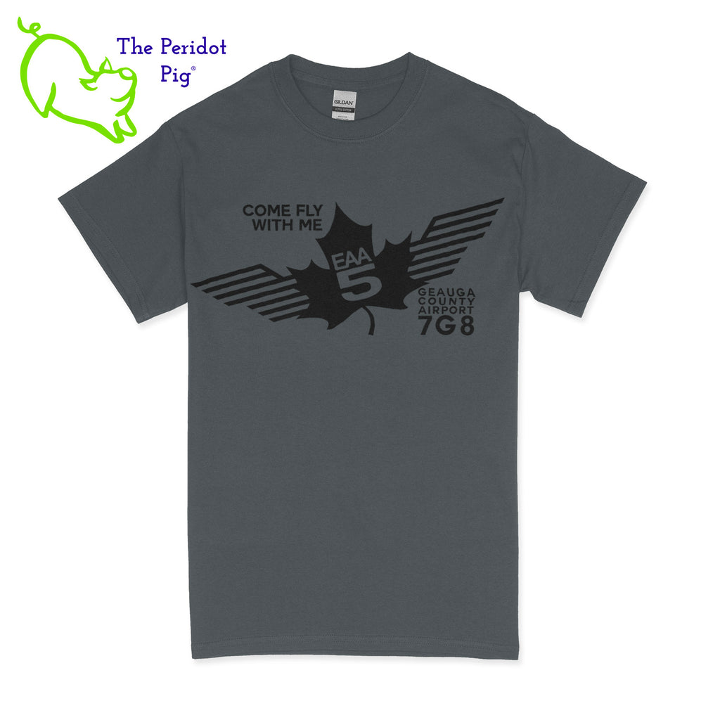 Crafted from a soft and comfortable material, this t-shirt features a loose cut and the EAA Chapter 5 logo in your choice of color on the front. The slogan, "Come Fly With Me" is also included. You can also chose from six different colors for the shirt. The back is left blank for a classic, minimalist look. Front view Charcoal-Black shown.