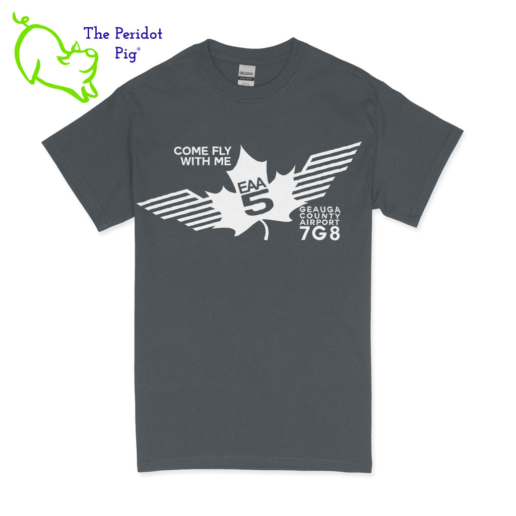 Crafted from a soft and comfortable material, this t-shirt features a loose cut and the EAA Chapter 5 logo in your choice of color on the front. These also have the slogan, "Come Fly With Me". You can also chose from six different colors for the shirt. The back is left blank for a classic, minimalist look. Front view Charcoal-White shown.