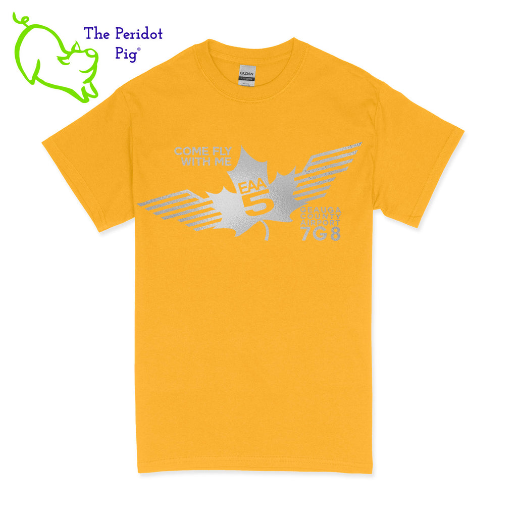 Crafted from a soft and comfortable material, this t-shirt features a loose cut and the EAA Chapter 5 logo in your choice of color on the front. These also have the slogan, "Come Fly With Me". You can also chose from six different colors for the shirt. The back is left blank for a classic, minimalist look. Front view Yellow-Silver shown.
